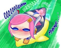 1girls blue_eyes hexanne kirby_(series) permafrost_(artist) poop pooping pseudo_scat scat susie_(kirby) text wide_eyed