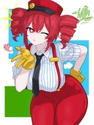 1girls 2d 2d_(artwork) artist_logo artist_name bending_forward big_breasts big_thighs blouse blowing_kiss breasts breasts_bigger_than_head clothed clothed_female clothing commission commission_art commissioner_upload curvaceous curvy curvy_female curvy_figure drawlab33t female female_only fully_clothed gloves hand_on_hip hat high-waist_pants high_waisted_pants hips_wider_than_shoulders hourglass_figure huge_breasts huge_thighs kasane_teto kasane_teto_(sv) kiss large_breasts large_thighs leaning_forward mesmerizer_(vocaloid) mesmerizer_teto mv_character name_tag nameplate necktie one_eye_closed pants red_eyes red_hair sfw shirt simple_background slim_waist solo solo_female sparkling_eyes striped_shirt suspenders synthesizer_v thick_thighs thighs thighs_bigger_than_head tight_clothing tight_pants twin_drills utau voluptuous voluptuous_female white_background wide_hips wink winking winking_at_viewer