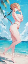 1girl ai_generated barefoot beach blonde_hair breasts evelyn_chevalier gold_bikini highres large_breasts looking_back micro_bikini nipples nsfw outdoor purple_eyes shiny_skin short_hair sky smile solo standing stormiaart sweat topless zenless_zone_zero