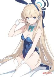 1girls animal_ears aqua_bow aqua_bowtie blonde_hair blue_archive blue_eyes blue_halo blue_leotard bow bowtie breasts bunny_ears bunny_girl bunnysuit cleavage closed_mouth fake_animal_ears halo headset highres kanzaki_hiro leotard long_hair looking_at_viewer medium_breasts official_alternate_costume playboy_bunny rabbit_ears simple_background sitting solo thighhighs toki_(blue_archive) toki_(bunny)_(blue_archive) twitter_username white_background white_thighhighs