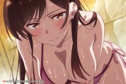 1girl ai ai_art ai_generated all_fours bare_shoulders bikini blush breasts brown_eyes brown_hair cleavage closed_mouth collarbone hair_over_breasts hair_over_one_breast hair_over_shoulder halterneck hanging_breasts ichinose_chizuru kanojo_okarishimasu large_breasts leaning_forward long_hair looking_at_viewer nipple_slip nipples one_breast_out onsen outdoors pink_bikini side-tie_bikini_bottom solo steam string_bikini swept_bangs swimsuit wet wet_hair