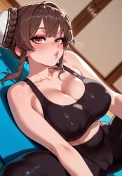 1girl 2026 ai_generated anime bangs bare_shoulders black_pants blush boobs braid braided_hair breasts brown_eyes brown_hair cameltoe chaos_zero_nightmare cleavage collarbone covered_nipples crossover double_bun eye_contact eyeshadow female female_focus flushed hair_accessory hair_bun hair_ornament highres huge_breasts indoors inside large_breasts lips looking_at_viewer makeup mole mole_on_breast mole_under_mouth nsfw pants parted_lips patreon puckered_lips rognezart shiny sidelocks solo sports_bra spread_legs sweat sweaty yellow_eyes yoga_pants yuki yuki_(chaos_zero_nightmare)
