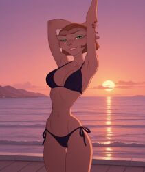 ai ai_generated alien beach bikini body breasts captain_amelia disney dusk feline mature_female milf sexy sexy_pose sunset sunset_background swimsuit thin treasure_planet