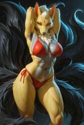 1girls ai_generated anthro_female blonde blonde_fur blonde_hair female fox_girl green_eyes nine_tailed_fox ninetales original_character pokemon pokemon_(species) scorpianpp self_upload stable_diffusion sunwash