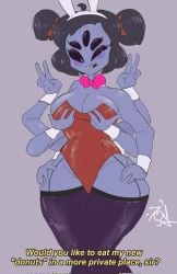 1girls 5_eyes 6_arms arachnid arachnid_humanoid bb_happyhour black_hair black_sclera blush blushing boobs bowtie breasts bunny_ears bunny_tail english_text eyelashes fangs fishnet_stockings fishnets grabbing_own_breast leotard muffet multi_arm multi_eye playboy_bunny purple_body purple_skin simple_background spider spider_girl stockings text twintails undertale_(series)