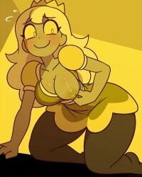 absurd_res ai_generated all_fours areolae bent_over blush blush_lines blushing cassidy_(fnaf) cleavage clothes_pull colored_sclera colored_skin crown dress exposed_nipple falsegate five_nights_at_freddy's fnaf highres kneeling large_breasts long_hair nipples on_knees one_nipple_out pantyhose princess_quest princess_quest_(fnaf) pulled_by_self self_upload smile stable_diffusion thick_thighs twitter_link uncensored wide_hips yellow_dress yellow_eyes yellow_hair yellow_sclera yellow_skin