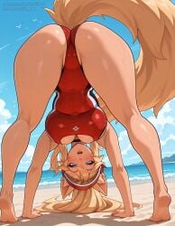 1girls 2xko ahri ahri_(league_of_legends) ai_generated ass beach feet fox_girl jack-o'_challenge jack-o_pose large_breasts league_of_legends one-piece_swimsuit standing stretching swimsuit top-down_bottom-up upside-down vertiloart