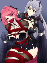 2girls bound gag kidnapped kidnapping laveellan remielle_dan remielle_dan_(moonlight_whispers) shibari smile
