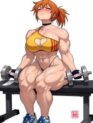 1girl abs ai_generated alternate_muscle_size artalexc bare_shoulders bench biceps black_choker blush bra breasts busty choker cleavage cleavage_cutout closed_mouth clothing clothing_cutout dumbbell earrings exercise female fingerless_gloves footwear gloves heart_cutout highleg highleg_panties jewelry kasumi_(pokemon) large_breasts misty_(pokemon) muscle muscular_female navel navel_piercing obliques on_bench orange_hair pantsu phone piercing pokemon ponytail revision scrunchie shoes sitting sitting_on_bench sneakers solo sports_bra sportswear thick_thighs thighs thong tied_hair underwear weightlifting weights