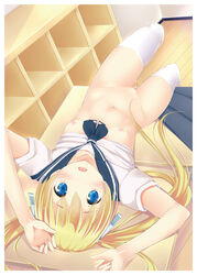 blonde_hair blue_eyes breasts dekochin_hammer female long_hair looking_at_viewer lying navel nipples nude open_mouth panties panties_removed pussy skirt solo underwear upside-down