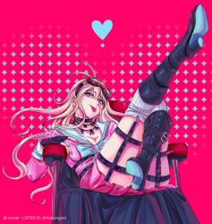 ahoge ass bdsm_gear black_panties blonde_hair blue_eyes boots chair choker cleavage danganronpa danganronpa_v3 female female_only fingerless_gloves flashing flashing_panties garter_straps gloves goggles goggles_on_head hair_between_eyes heart heel_boots iruma_miu leg_up looking_at_viewer necklace panties playful reclining resting revealing school_uniform serafuku sitting skirt socks solo teasing thighs tongue_out