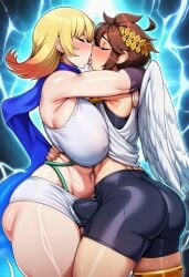 1boy 1boy1girl 1girl ai_generated big_areola big_boobs big_breasts blonde_hair breasts female hugging kid_icarus kid_icarus_uprising kiraai kissing lightning male phosphora pit_(kid_icarus) scarf storm