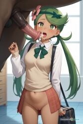 1girl ai_assisted ai_generated alternate_costume black_bag black_nails black_skirt blurry blushing cervix_penetration collared_shirt cum_inside_pussy cumflation cute_expression dark_skin green_eyes green_hair hair_flower hair_ornament hand_up horse_penis inside long_sleeves mallow_(pokemon) nail_polish nude perfect_pussy plaid_skirt pleated_skirt rape shoulder_bag simple_background skinny sleeves_past_wrists sweater tile_floor tongue_out white_shirt xray_view