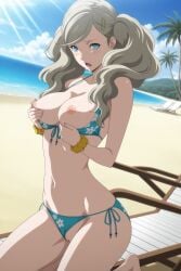 1girl ai_generated ann_takamaki barefoot beach bikini bikini_bottom_aside blonde_hair blue_bikini blue_eyes blue_sky blush breasts breasts_out censored chair clothes_pull clothing_aside cloud collarbone day digitalwaifugallery floral_print hair_ornament hairclip hi_res high_quality high_resolution kneeling large_breasts long_hair looking_at_viewer medium_breasts navel nipples ocean open_mouth outdoors palm_tree patreon persona persona_5 pussy scrunchie seductive sexy side-tie_bikini_bottom sky solo stomach sunlight swept_bangs swimsuit thighs tree twintails uncensored watermark wrist_scrunchie