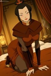 1girl ai_generated all_fours avatar_the_last_airbender azula bed black_hair blush boots breasts brown_eyes curtains digitalwaifugallery dress half-closed_eyes hi_res high_heels high_quality high_resolution indoors lamp large_breasts lipstick looking_at_viewer makeup on_bed pantyhose patreon patreon_logo patreon_username red_dress red_lips seductive sexy smile solo uncensored watermark