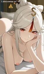 1girls ai_generated breasts genshin_impact looking_at_viewer ningguang_(genshin_impact) nipples red_eyes shineinsfw smile solo uncensored wet white_hair