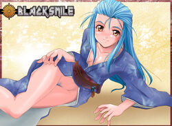 1girls blue_hair blush breasts human kaiga kimono legs_crossed minazuki_kotoko open_clothes orange_eyes pubic_hair smile text tokimeki_memorial tokimeki_memorial_2