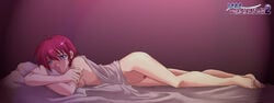 blue_eyes grin hinomoto_hikari kaiga lying mole nude on_side pubic_hair red_hair short_hair smile tokimeki_memorial tokimeki_memorial_2 wide_image wrapped_in_sheets