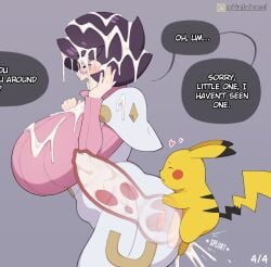 1girls 2d 2girls blush color cum cumming cumming_while_penetrating dialogue hiding knot notkadraw pikachu pokemon pokephilia wicke_(pokemon)