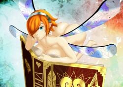 1girls against_surface arm_support ass_visible_from_the_front big_ass blue_eyes book book_covering_breasts curvy curvy_figure fae faerie fairy fairy_wings gallica gallica_(metaphor:_refantazio) hair_over_one_eye hand_on_own_face head_on_hand head_rest headband large_breasts light-skinned_female light_skin looking_at_viewer metaphor:_refantazio micro_female mini_person nude nude_female orange_hair pointy_ears short_hair smile thicc_ass tiny_female wings