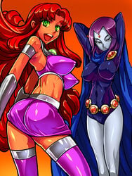 2013 2girls alien_girl boots cape cleavage dc_comics demon_girl female female_only green_eyes grey_skin long_hair looking_at_viewer multiple_girls open_mouth orange_background orange_skin pantless purple_hair rachel_roth raven_(dc) red_hair seductive short_hair silver_eyes skirt smile starfire straight_hair superhero superheroine teen teen_titans teenager thigh_boots thigh_high_boots thighhigh_boots thighhighs tight_clothing warainaku