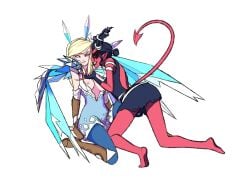 2girls annoyed annoyed_expression artist_request black_hair blonde_hair boots breasts_out demon demon_girl demon_horns demon_tail fairy fairy_girl fairy_wings fangs first_porn_of_character flirting ice_wings knighthood light-skinned_female medium_breasts nipples red-skinned_female red_skin teasing video_game_character video_games white_eyes wings