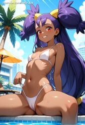 1girls ai_generated belly_button bikini bikini_bottom bikini_pull bikini_top blush blush_lines blushing brown_skin butt butt_crack buttocks cameltoe iris_(pokemon) petite petite_body petite_breasts petite_female petite_girl petite_tits pokemon pokemon_trainer pool purple_hair red_eyes ribs shiny_skin skinny skinny_female small_breasts smile smiling smiling_at_viewer solo solo_female spread_legs wet_skin
