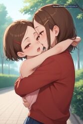 1girl ai_assisted ai_generated anal anal_penetration anime_screencap big_dick brown_hair carrying digimon_adventure digimon_adventure_02 flat_chest hairclip half_closed_eyes hikari_yagami leg_lock looking_at_viewer open_mouth outdoors park red_eyes solo source_anime upper_body whispering