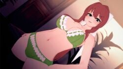 angry_expression big_breasts bra doki_doki_literature_club lace-trimmed_bra lace-trimmed_panties lingerie looking_at_viewer mole_on_breast monika_(doki_doki_literature_club) panties pose