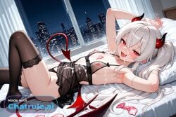 1girl after_sex ai_assisted ai_generated arm_up armpits bare_shoulders bedroom black_lingerie black_stockings condom cum_covered cum_on_body cum_on_clothes cum_on_face demon_girl demon_horns demon_tail demon_wings filled_condom grim_aloe highres holding_used_condom knee_up laying_on_back laying_on_bed long_hair looking_at_viewer low_wings messy_hair night nipples on_back open_mouth panties_aside pleasure quiz_magic_academy red_eyes shocked_eyes small_breasts smile smug solo thick_cum tiny_tits twintails white_curtains white_hair