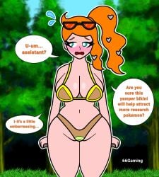 2d 2d_(artwork) 2d_artwork 66gaming artist_name big_boobs big_breasts bikini bikini_bottom bikini_top blush boobs breasts color colored cur curvaceous curvaceous_female curvaceous_figure curvy curvy_body curvy_female curvy_figure curvy_hips dialogue digital_art digital_drawing_(artwork) digital_media digital_media_(artwork) embarrassed embarrassed_female embarrassed_nude_female fanart female female_focus female_only forest glasses glasses_on_head green_eyes light-skinned_female light_skin nervous orange_hair pokemon ponytail pov redhead solo solo_female solo_focus sonia_(pokemon) standing sweat sweating text text_bubble thick_thighs thighs