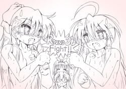 4girls ahoge blush dildo female gaketsu hair_ribbon human kagami_hiiragi konata_izumi long_hair lucky_star miyuki_takara monochrome multiple_girls nude open_mouth pussy_juice ribbon saliva sweatdrop tsukasa_hiiragi yuri