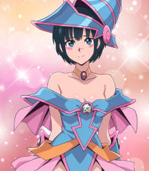 1girls bare_shoulders blue_eyes blue_hair blush_stickers blushing botan_nagatsuki cleavage collarbone looking_at_viewer medium_breasts short_hair smiling standing