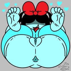 1girls 5_toes anus aqua_(deltarune) ass ass_focus barefoot black_hair blue_body blue_skin bottomless bottomless_female bow deltarune fangs feet female female_focus female_only grey_background heart heart_symbol hidden_eyes inviting long_sleeves looking_at_viewer mouth_open on_back pussy ribbon signature simple_background smile smiling spread_legs toes toni_oni vagina