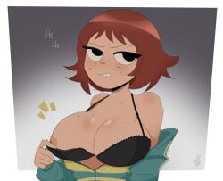 1girls 2025 ambyva areolae artist_name big_breasts black_bra black_eyes border bra breasts female female_only freckles freckles_on_breasts freckles_on_face freckles_on_shoulders gradient_background human jacket kim_pine light-skinned_female light_skin nipples outside_border partially_clothed red_hair scott_pilgrim short_hair smile solo text unzipped unzipped_jacket white_border