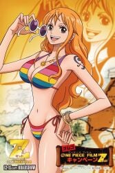 bikini brown_hair glasses large_breasts logo multicolored_clothing nami_(one_piece) navel necklace official_art one_piece open_mouth orange_hair side-tie_bikini smile striped_bikini tattoo thick_thighs thighs title upscaled