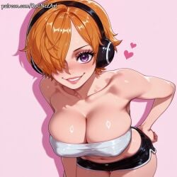 1girl 2026 ai_generated anime bare_shoulders black_shorts blush boobs breasts cleavage collarbone covered_nipples cowboy_shot crossover eye_contact female female_focus flushed grin hair_over_one_eye hand_on_hip headphones heart highres huge_breasts large_breasts leaning_forward lips looking_at_viewer midriff navel nsfw one_piece orange_hair patreon patreon_username pink_background purple_eyes rognezart shiny shiny_skin short_hair short_shorts shorts smile smiling solo strapless tube_top vegapunk_lilith