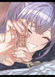 1boy 1girl ^_^ censored closed_eyes commentary_request erere fingernails handjob hetero idolmaster idolmaster_shiny_colors letterboxed long_hair mosaic_censoring motion_lines penis pov purple_hair shirt smile suzuki_hana white_shirt