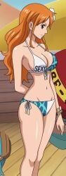 bikini brown_eyes cleavage collarbone earrings from_side groin large_breasts long_hair nami_(one_piece) navel orange_eyes screencap screenshot side-tie_bikini thighs upscaled wavy_hair