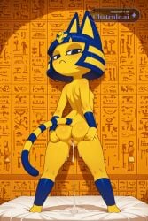1girl ai_assisted ai_generated animal_crossing ankha_zone anthro blue_eyes blue_hair cat_ears cat_tail full_body furry_female legs_spread looking_at_viewer no_nose nude perfect_pussy solo solo_girl standing striped_tail white_dress yellow_fur young_girl