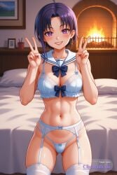 1girl 2d 4k 8k ai_assisted ai_generated alluring anime_style athletic attractive attractive_woman bare_midriff beautiful bedroom_setting big_booty black_hair blush breasts cinematic_lighting clean_lineart cleavage close_up collarbone confident dark dark_lighting defined_jawline depth_of_field detailed_background detailed_face detailed_skin digital_illustration dim_lighting elegant erotic eye_makeup eyelashes purple_eyes purple_hair