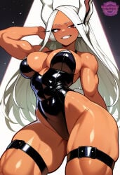 1girl ai_generated big_breasts black_leotard boku_no_hero_academia boku_no_hero_academia_(finale) breasts cameltoe dark-skinned_female dark_skin female female_focus female_only humanoid jorgecarlosai legs leotard long_hair mirko muscular muscular_female muscular_thighs my_hero_academia my_hero_academia_(finale) posing quirk_(mha) quirked_human_(my_hero_academia) rabbit_ears rabbit_girl rabbit_humanoid rabbit_tail red_eyes rumi_usagiyama sexy smile spotlight standing straps teeth thigh_strap thighs toned toned_female usagiyama_rumi watermark white_hair