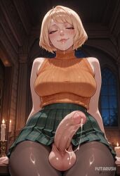 1futa after_fellatio ai_generated arm_support artist_name ashley_graham ashley_graham_(ella_freya) bare_shoulders biting_own_lip blonde_hair breasts candle cum cum_string erection foreskin futanari futarush green_eyes green_skirt half-closed_eyes indoors large_breasts lips looking_at_viewer miniskirt naughty_face night orange_sweater pantyhose patreon patreon_username penis plaid plaid_skirt pleated_skirt precum resident_evil resident_evil_4 resident_evil_4_remake short_hair sitting skirt sleeveless sleeveless_sweater sleeveless_turtleneck smile solo sultryspark sweater testicles turtleneck turtleneck_sweater uncensored veiny_penis window