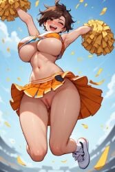 1girls ai_generated blizzard_entertainment breasts british_female brown_hair cheerleader cheerleader_uniform female female_focus female_only human miniskirt overwatch pussy self_upload skirt solo solo_female solo_focus tracer upskirt yellow_eyes