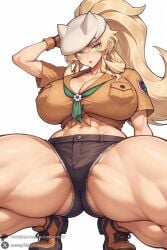 1female 1girl 1girls 2026 abs ai_generated artist_name barghest_(fate) barghest_(gawain)_(fate) big_ass big_breasts blonde_hair blush breast_pocket breasts cleavage crop_top curvy denim denim_shorts fate/grand_order gloves green_eyes hat hi_res high_quality high_resolution highres huge_ass huge_breasts long_hair looking_at_viewer midriff muscular muscular_female navel open_mouth patreon patreon_username pocket ponytail shirt shoes short_shorts short_sleeves shorts simple_background sneakers solo spread_legs squatting thick_thighs thighs unjobdespiert watermark white_background