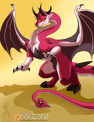 2018 4_fingers claws digital_media_(artwork) dragon female feral fur gradient_background horn hybrid membranous_wings pink_fur pink_skin pussy red_fur simple_background smile solo standing teeth wings yami_griffin yellow_background yellow_eyes