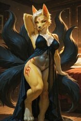 1girls ai_generated anthro_female blonde blonde_fur blonde_hair female fox_girl green_eyes nine_tailed_fox ninetales original_character pokemon pokemon_(species) scorpianpp self_upload stable_diffusion sunwash