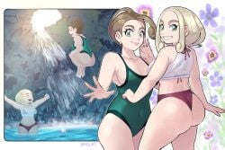 2d 2girls alexa_(pokemon) ass bikini blonde_hair breasts brown_hair cleavage female female_only game_freak green_eyes light-skinned_female light_skin looking_at_viewer nintendo one-piece_swimsuit outdoors partially_submerged pokemon pokemon_xy sisters swimsuit tagme thick_thighs thighs viola_(pokemon) water waterfall yamouri