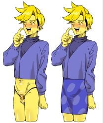 closed_eyes crossdressing deltarune flat_chastity_cage flowery male_only toriel_(cosplay) undertale_(series) yellow_skin