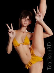 1girls 3d 3d_(artwork) absurd_res artist_name artist_request bikini bikini_bottom bikini_top blender_(software) brown_eyes brown_hair chainsaw_man clothing higashiyama_kobeni kobeni_higashiyama leg_up legs_up peace_sign shounen_jump solo solo_female